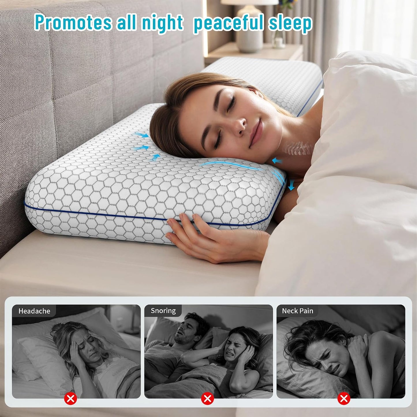 CushyOasis Memory Foam Pillows for Side, Back and Stomach Sleepers, Bed Pillow with Washable Cover and Breathable Mesh, Bed Pillow for Sleeping Standard Size (Grey)