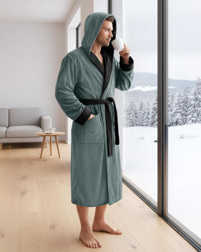 NY Threads Mens Robe with Hood, Luxury Plush Fleece Hooded Mens Bathrobe, Spa Bath Robe for Men