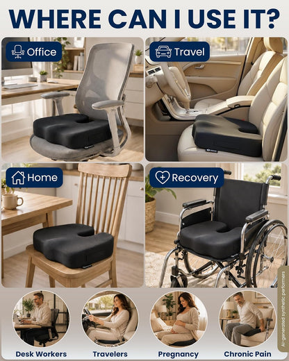 5 STARS UNITED Seat Cushion - Memory Foam Chair Cushion for Tailbone Pain Relief - Ergonomic Support for Coccyx, Sciatica & Butt - Office, Desk & Gaming Chair, Car Seat, Wheelchair, Black Suede