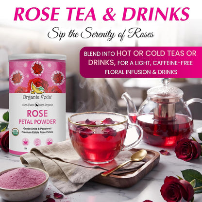 Organic Veda Rose Petals Powder - USDA Organic Edible Dried Rose Petals for Tea, Baking, Drink Mix, DIY Beauty Skin Care, Hair & Face Mask - 100% Pure Rose Powder for Culinary & Aromatherapy, 7 oz