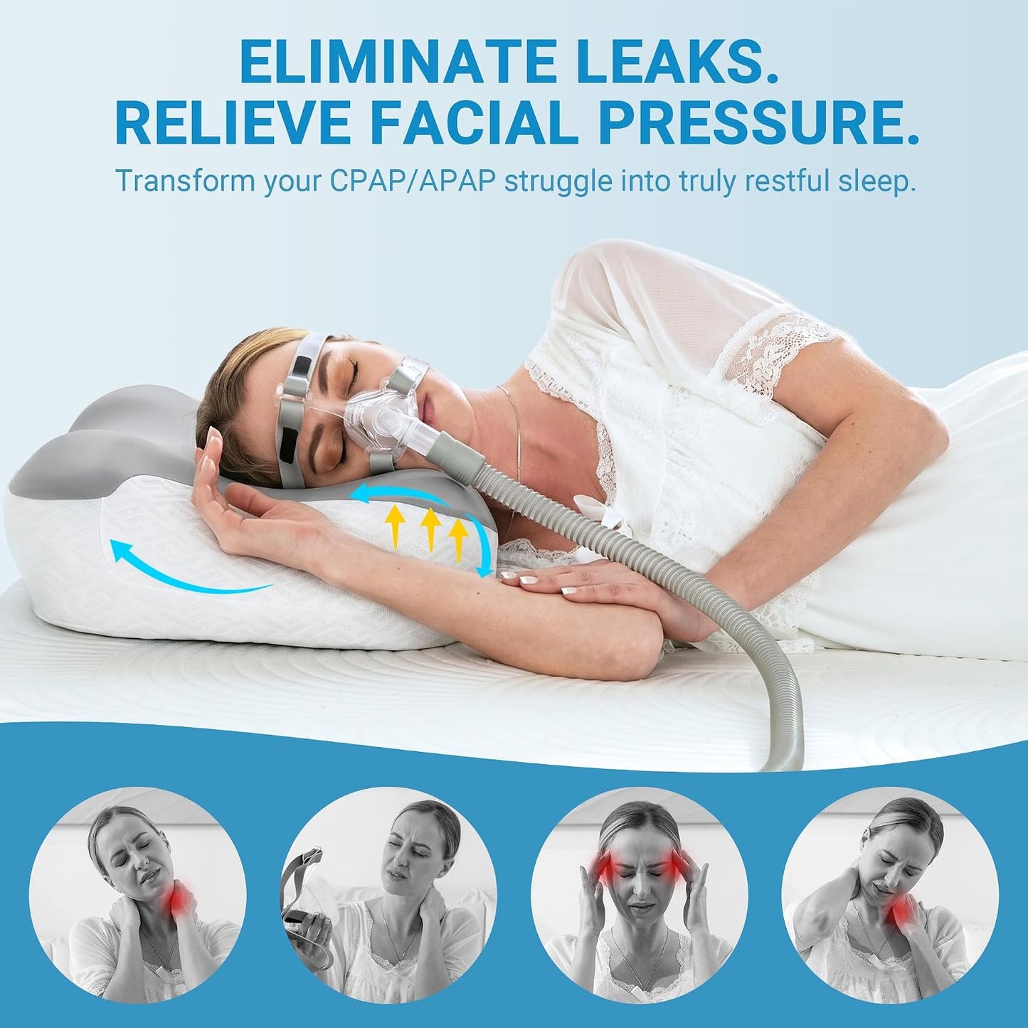 Elviros Cervical Neck Pillow for Neck Pain Relief, CPAP Pillow for Side, Back & Stomach Sleepers, Ergonomic Orthopedic Pillow for CPAP Users to Reduce Air Leaks and Mask Pressure, Dark Grey
