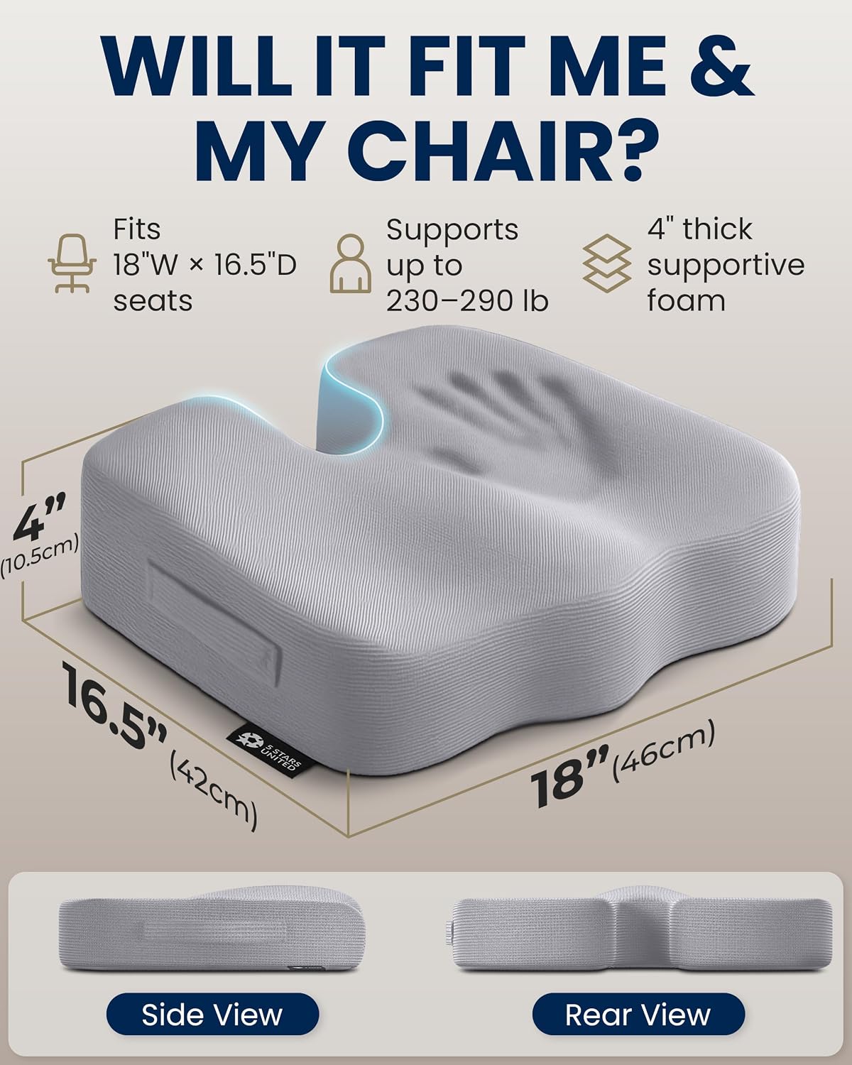 5 STARS UNITED Seat Cushion - Memory Foam Chair Cushion for Tailbone Pain Relief - Ergonomic Support for Coccyx, Sciatica & Butt - Office, Desk & Gaming Chair, Car Seat, Wheelchair, Black Suede
