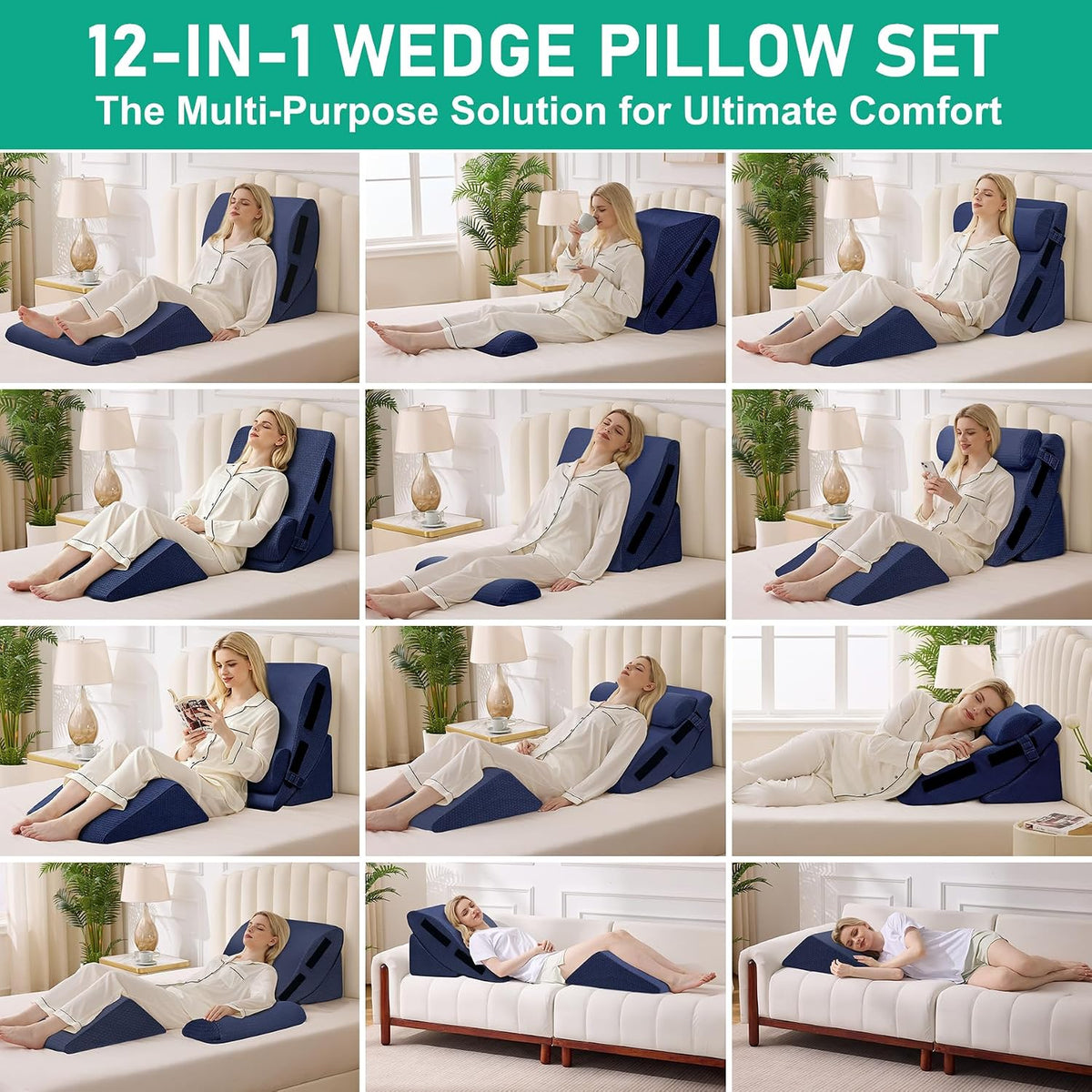 4PCS Wedge Pillow Set for After Surgery, White/Grey