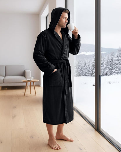 NY Threads Mens Robe with Hood, Luxury Plush Fleece Hooded Mens Bathrobe, Spa Bath Robe for Men