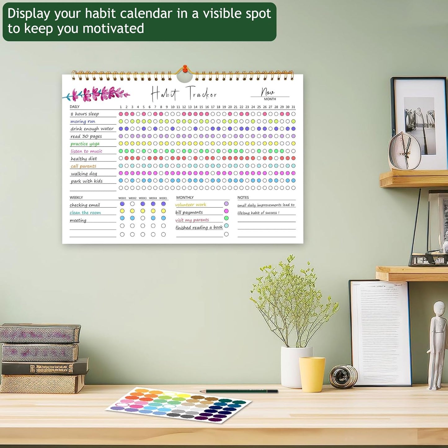 Habit Tracker Calendar, Daily Weekly Goal and Habit Tracker Journal, 12 Months Undated Habits Tracker Planner with Spiral Binding, Boost Productivity Tool and Workout Calendar, 11.7"x8.5"