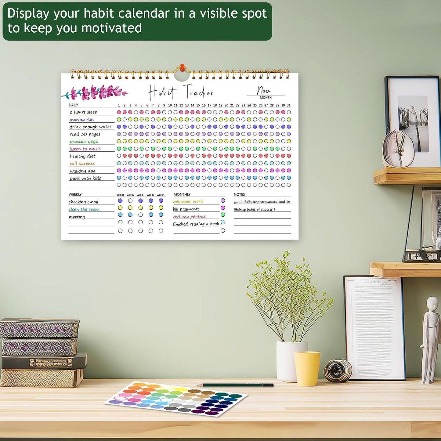 Habit Tracker Calendar, Aesthetic Daily Weekly Goal and Habit Tracker Journal, 12 Months Undated Habits Tracker Planner with Spiral Binding, Boost Productivity Tool and Workout Calendar, 11.7"x8.5"