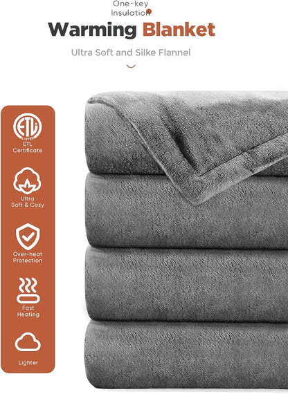 Mlivrom Heated Throw Blanket with 1-9 hrs Timer Auto-Off & 8 Heating Levels，Flannel Electric Blanket Throw ETL Certification，Machine Washable Full Body Warming Blankets