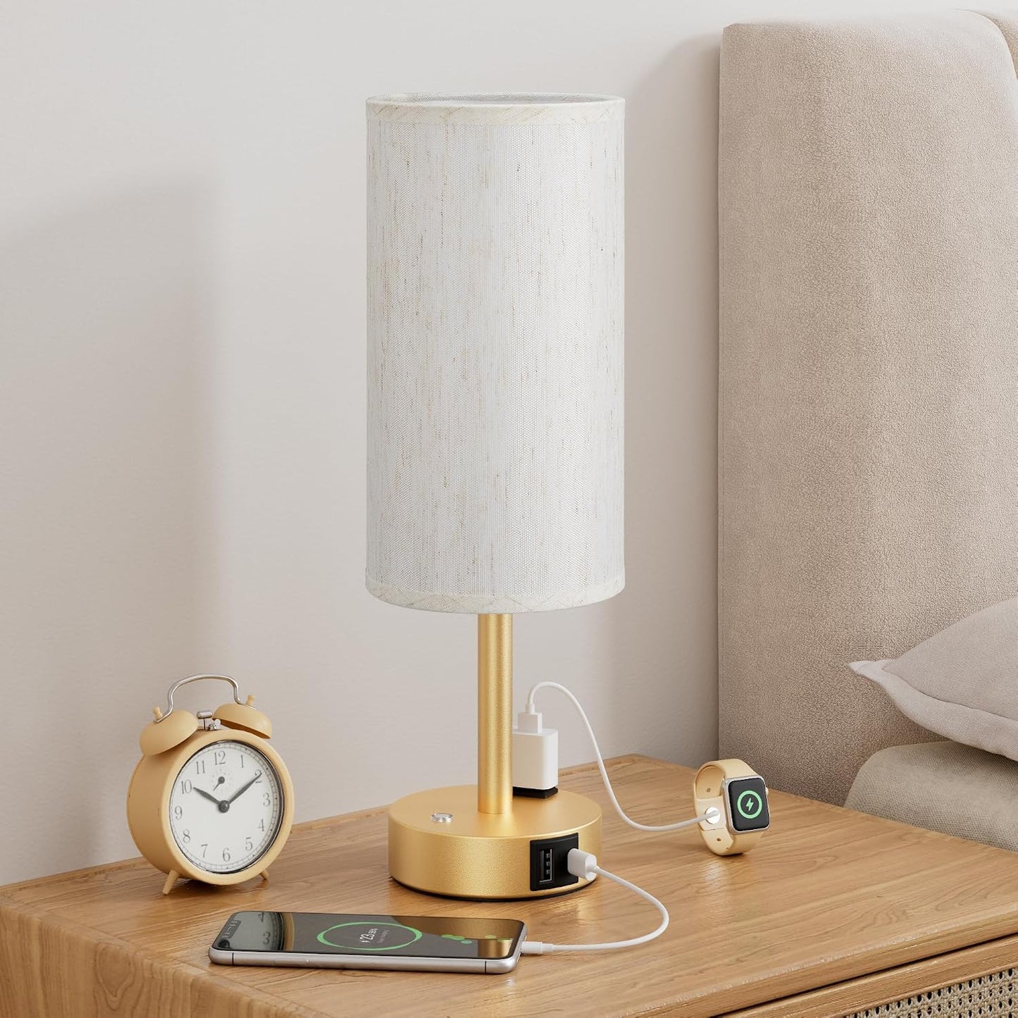 Touch Bedside Table Lamp with Memory - Stepless Dimmable Lamp for Bedroom, Small Nightstand Lamp with Dual USB Charging Ports and AC Outlet, Wood Night Light, Desk Lamp for Nursery, Living Room, Dorm