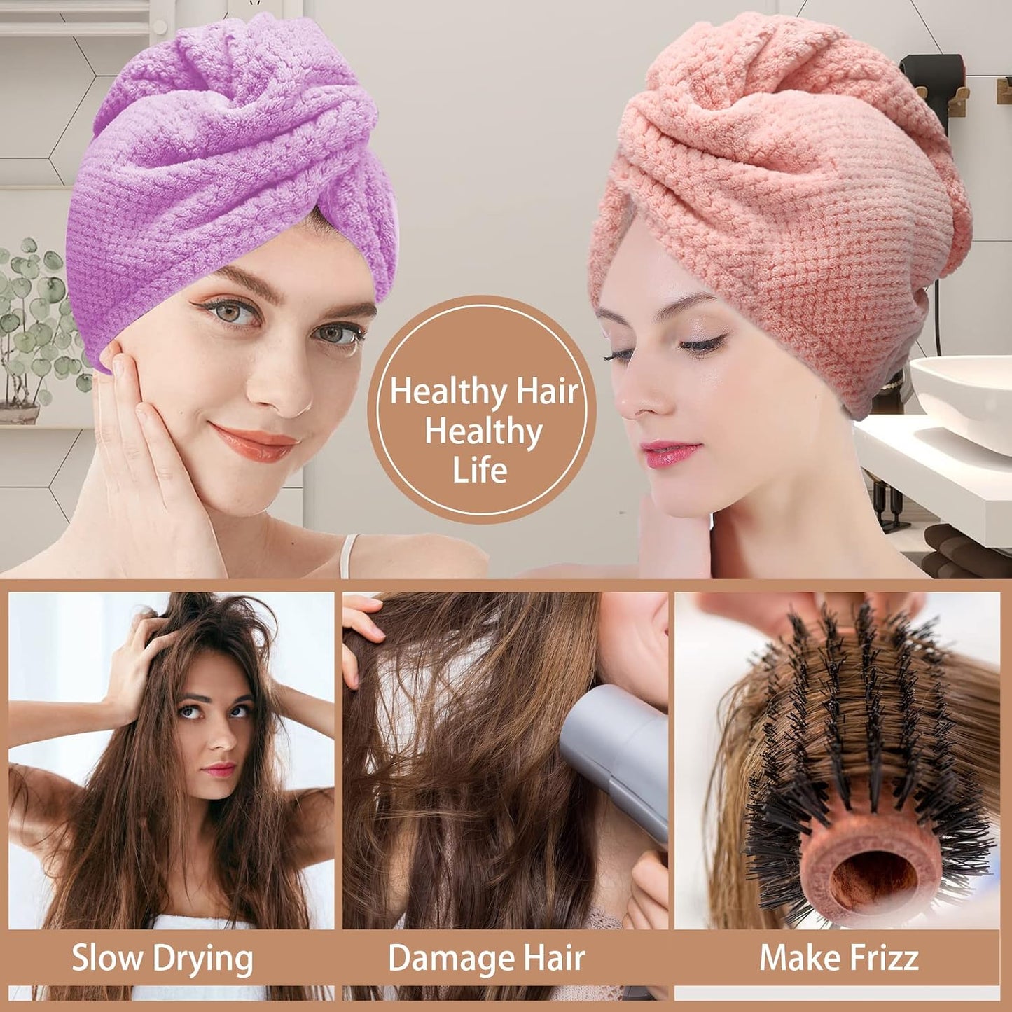 CZZXI 3 PCS Microfiber Hair Towel, Hair Wraps for Women Wet Hair, Fast Drying Hair Turban, Anti Frizz Head Towels Wrap for Curly Hair (Purple, Pink, Blue)