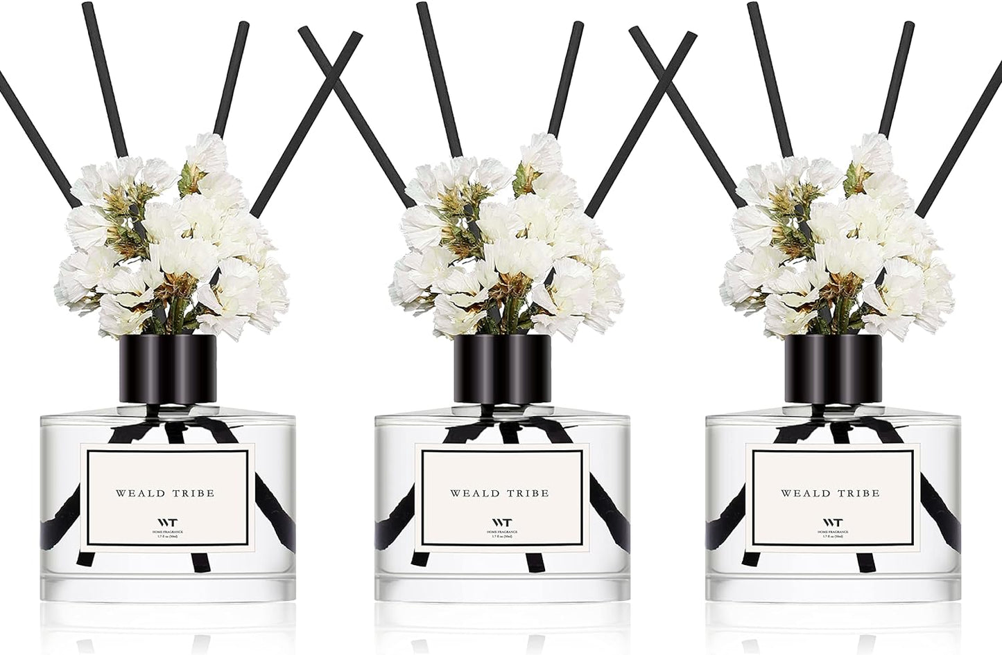 WEALD TRIBE Real Flower Reed Diffuser Set of 3 for Bathroom Air Fresheners, Oil Defusers | Fresh Linen/Ocean/Eucalyptus & Mint Scent(1.7 fl oz Each Pack) Home Fragrance with 12 Stick | Shelf Decor