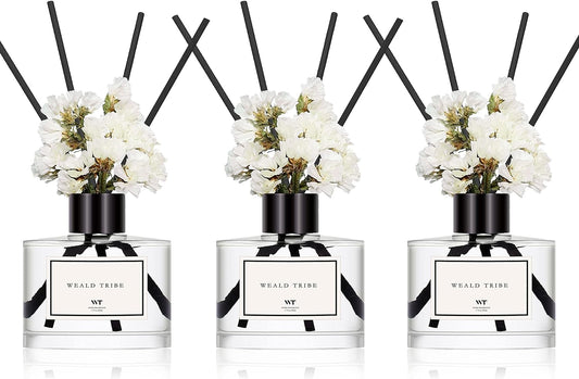 WEALD TRIBE Real Flower Reed Diffuser Set of 3 for Bathroom Air Fresheners, Oil Defusers | Fresh Linen/Ocean/Eucalyptus & Mint Scent(1.7 fl oz Each Pack) Home Fragrance with 12 Stick | Shelf Decor