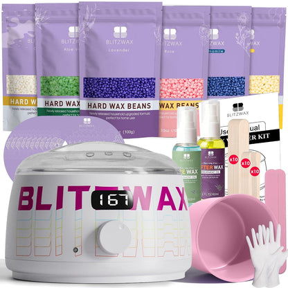 BLITZWAX Brazilian and Bikini Waxing Kit for Women, Hard Wax Warmer for Face, Legs and Body, At Home Hair Removal Kit, Beginner Friendly, Digital Fast Heating, 51 Wax Items