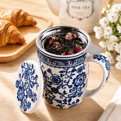 AmorArc Porcelain Tea Mug with Infuser and Lids, 18 Oz Large Cup Strainer with Bag Holder for Loose Leaf Tea, Steeping Coffee Mug for House-warming Wedding Birthday Gift