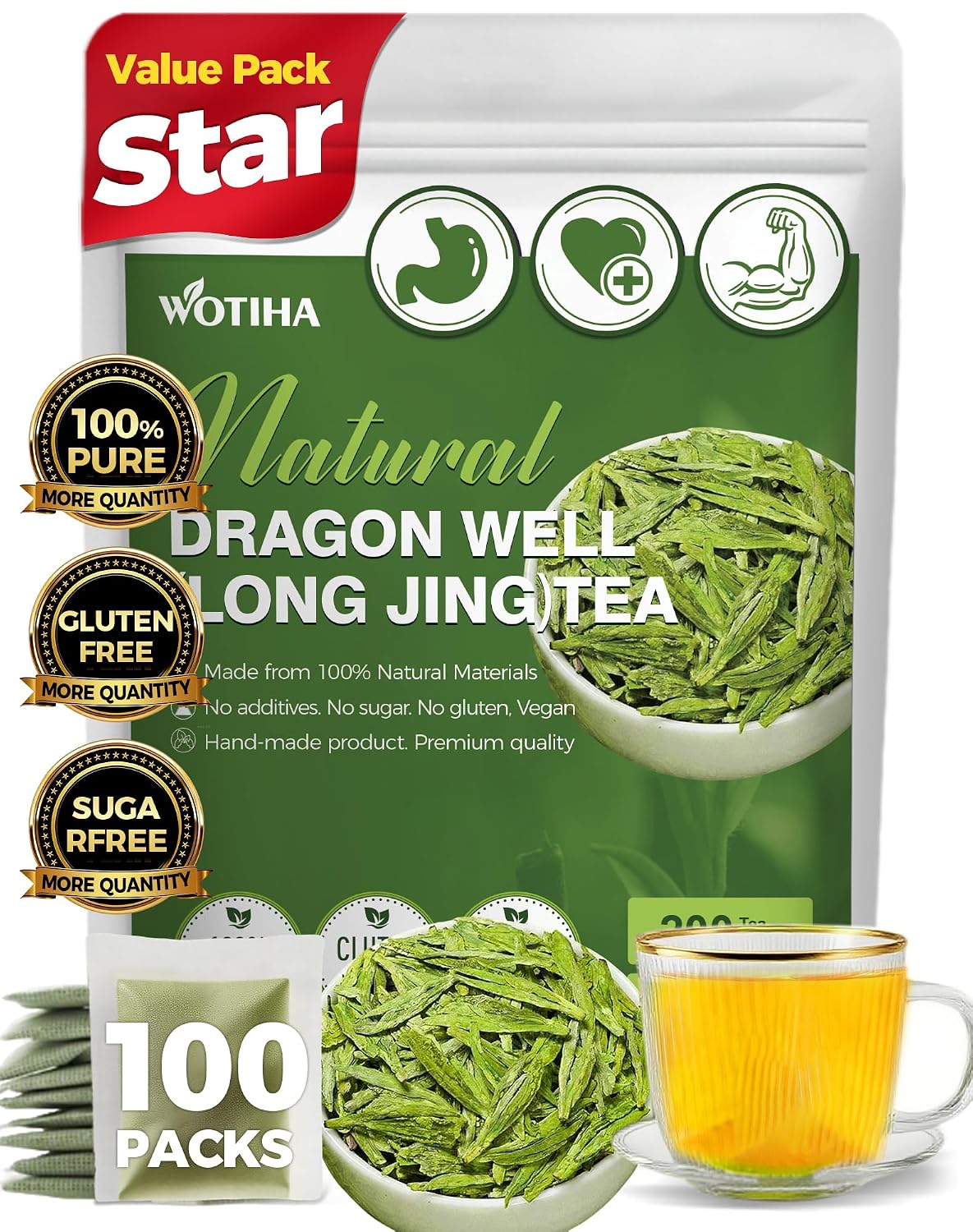 WOTIHA 60 Count Premium Lemon Balm Tea Bags - 100% Pure Natural Leaves, Lemony Citrusy Flavor, Supports Calming & Digestion, Caffeine-Free, Additive-Free, Sugar-Free, Vegan Non-GMO