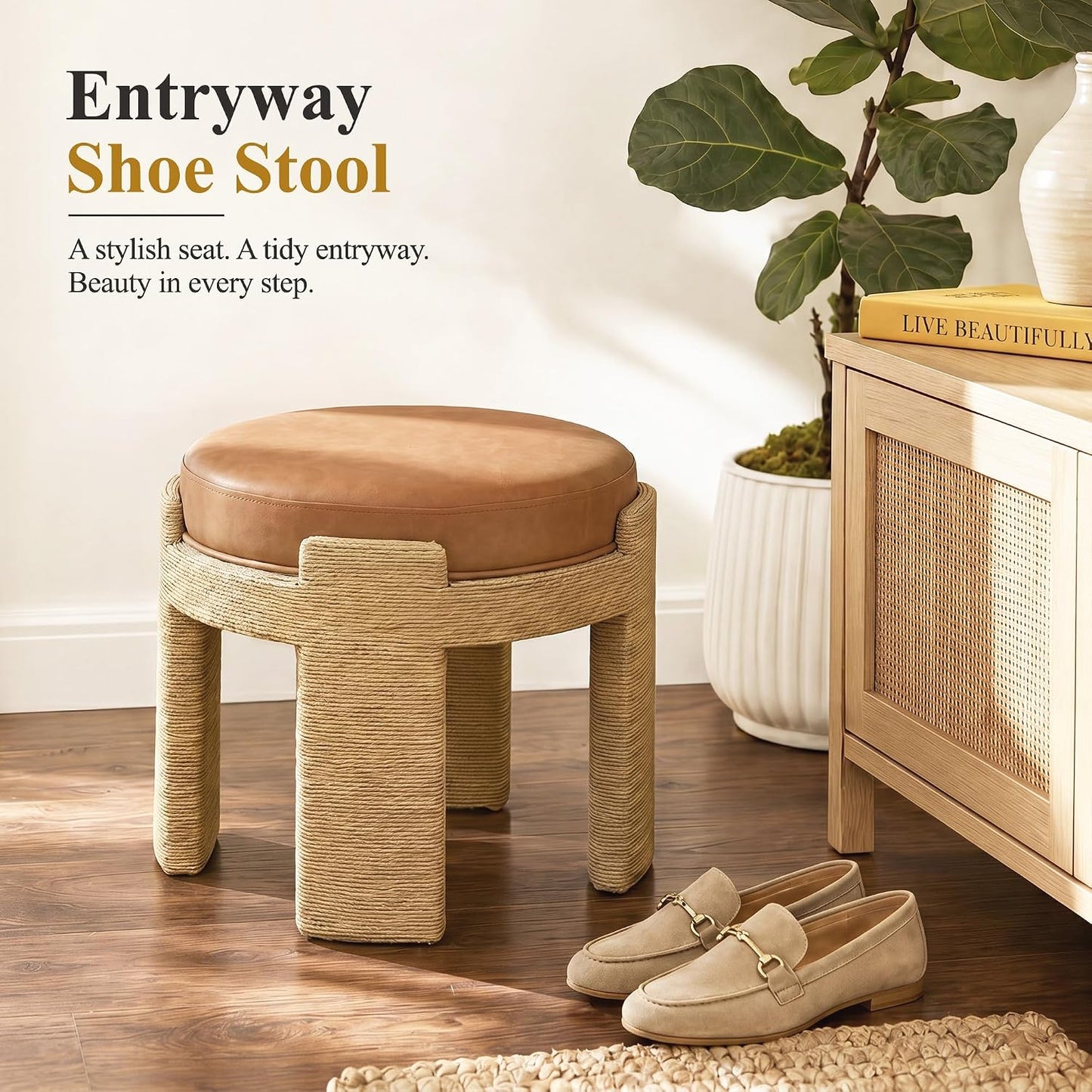 Round Foot Stool Ottoman Set of 2, Boho Hand-Woven Rope Upholstered Accent Footrest Vanity Stool Fully Assembled for Bedroom Living Room, Beige Linen