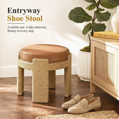 Round Foot Stool Ottoman Set of 2, Boho Hand-Woven Rope Upholstered Accent Footrest Vanity Stool Fully Assembled for Bedroom Living Room, Beige Linen