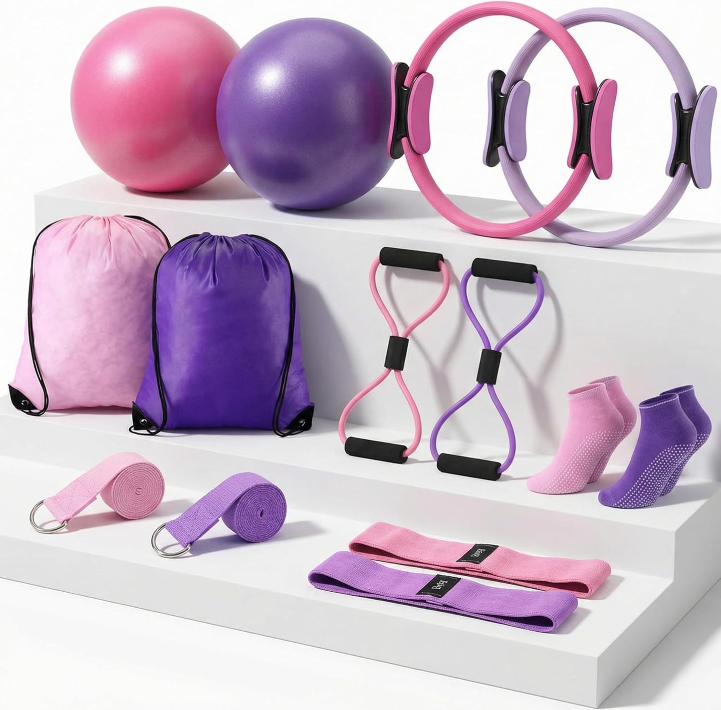 Poen Pilates Equipment Kit for Home Workout Pilates Ring and Ball Set for Women 12'' Circle Yoga Fitness Essentials Kit with Resistance Bands, Yoga Strap, Socks,Bag