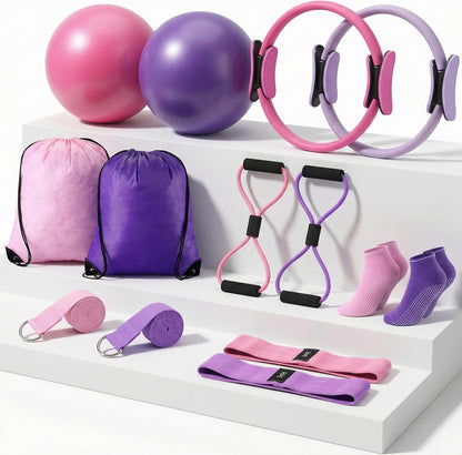 Poen Pilates Equipment Kit for Home Workout Pilates Ring and Ball Set for Women 12'' Circle Yoga Fitness Essentials Kit with Resistance Bands, Yoga Strap, Socks,Bag