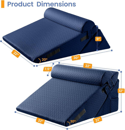 Sasttie Wedge Pillow Set for After Surgery, 2PCS Adjustable Bed Wedge Pillow Headboard with Memory Foam Neck Cushion – for Acid Reflux, Sleeping, Neck & Back Support, Dark Grey & White