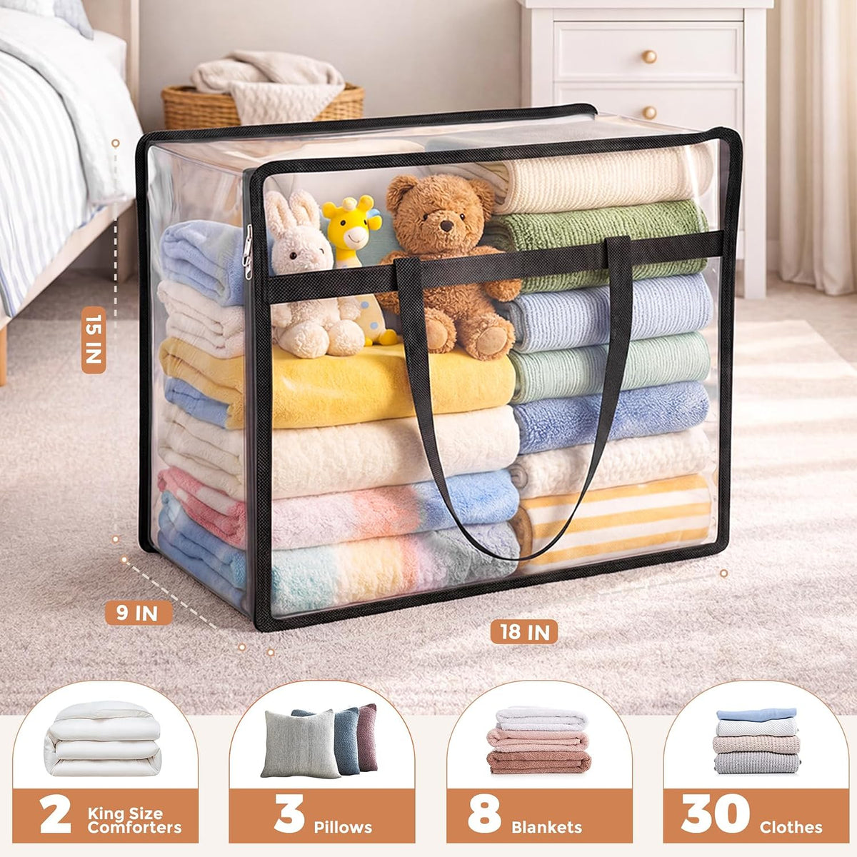 Clear Storage Bags for Clothes, 45L Closet Organizers and Storage