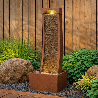Teamson Home 38.58 in. Modern Curved Faux Slate Waterfall Fountain for Indoors or Outdoors with LED Light Accents and 1.98-Gallon Pump, Black and Stone Gray | Freestanding Floor Garden Waterfall, LED Lights, Weatherproof Polyresin, For Patio & Yard