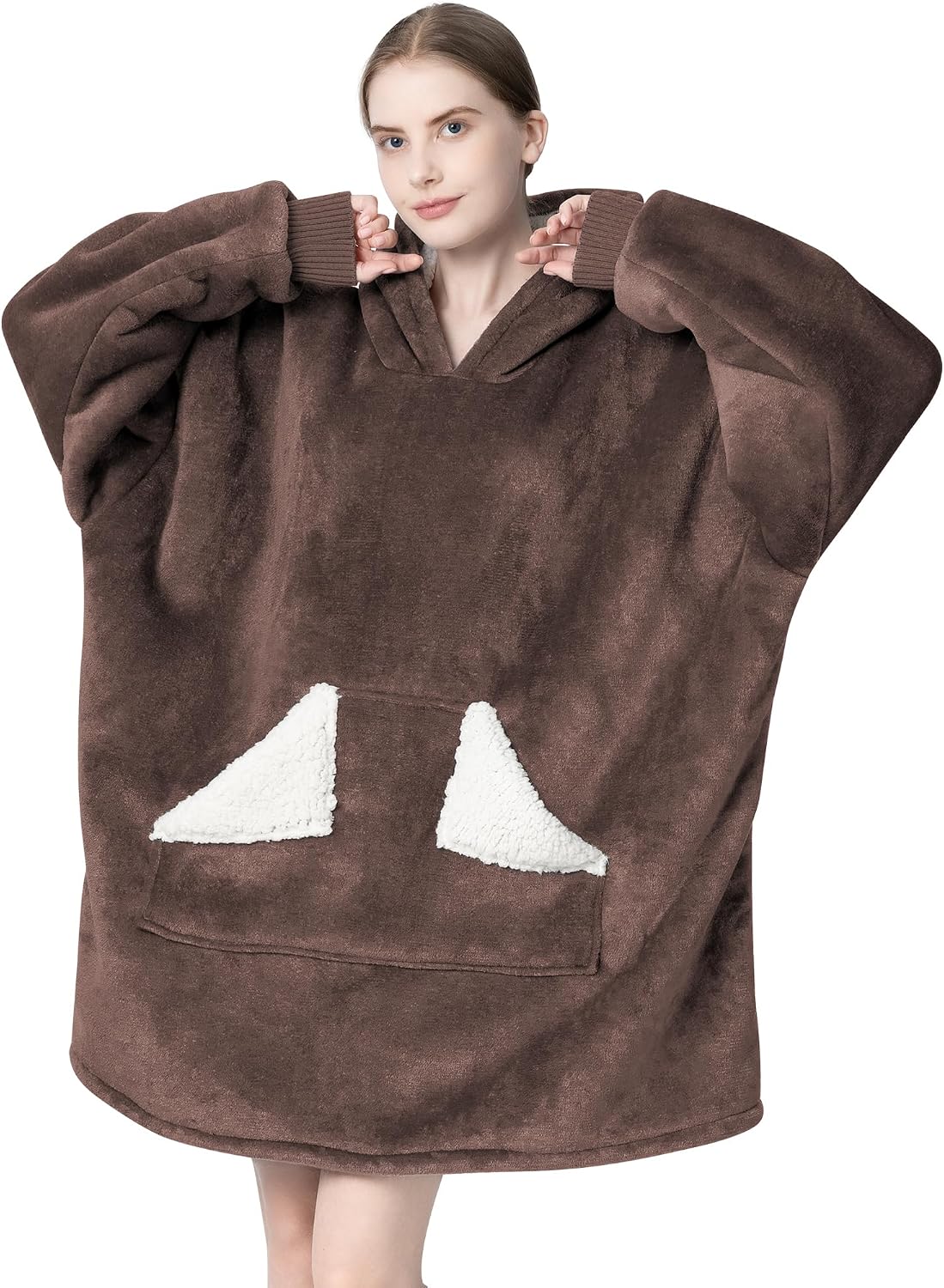 Touchat Wearable Blanket Hoodie, Oversized Sherpa Blanket Sweatshirt with Hood Pocket and Sleeves, Super Soft Warm Plush Hooded Blanket for Adult Women Men, One Size Fits All (Pink)