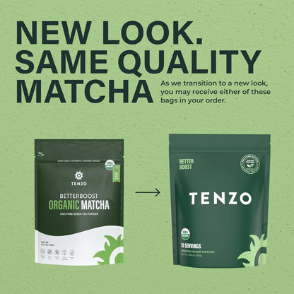 Tenzo Matcha Green Tea Powder - Matcha Powder USDA Organic Premium Grade - Kosher - Authentic Japanese Matcha Tea - Original Matcha Latte Powder - BetterBoost (1.06 Ounce)