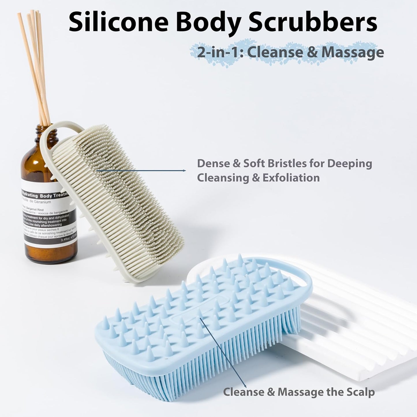 MtBoi 2 PC Silicone Body Scrubber, 2 in 1 Exfoliating Shower Bath Scrubber, Soft Silicone Loofah for Sensitive Skin, Shower Hair Scalp Massager, Easy to Clean, Lather Well (Grey&Black)