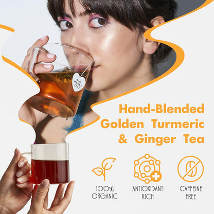 Big Heart Tea Co. Tea Bags - Cup of Sunshine Turmeric and Ginger - Certified Organic, Ayurvedic Herbal Decaf Tea with Small Batch Ground Herbs - Adaptogenic Tulsi, Peppercorn, Cinnamon, 50 Pack