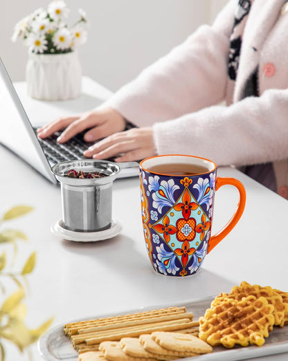 vancasso Ceramic Tea Mug with Infuser and Lid, 18 Ounce Bohemian Loose Leaf Cup, Microwave & Dishwasher Safe, Perfect for Tea, Coffee, Burnt-Cobalt Mandala