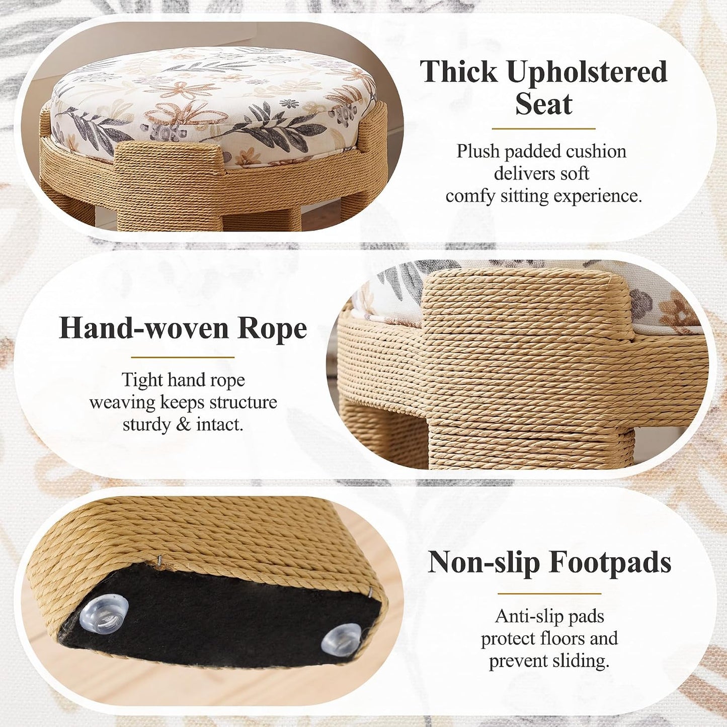 Round Foot Stool Ottoman Set of 2, Boho Hand-Woven Rope Upholstered Accent Footrest Vanity Stool Fully Assembled for Bedroom Living Room, Beige Linen