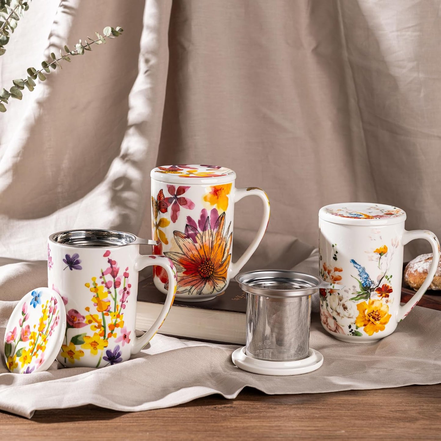 GBhome Tea Mug with Infuser and Lid, 18 Ounce Large Ceramic Loose Leaf Cup, Microwave, Dishwasher Safe, Perfect for Tea Lovers