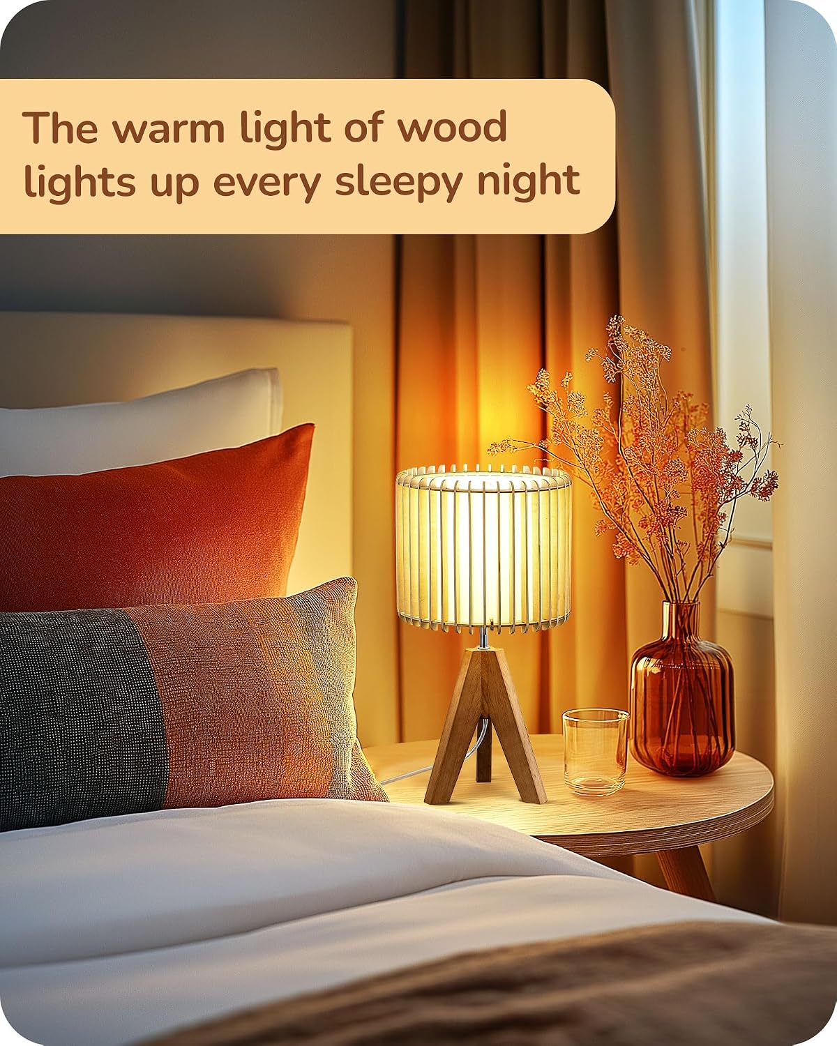 EDISHINE Tripod Table Lamp, Small Cute Bedside Lamp with Linen Beige Lampshade, Nightstand Lamp for Nursery, Bedroom, Kid Room, Living Room, Light Brown Wooden Base, E26 Socket, 14.2 Inch