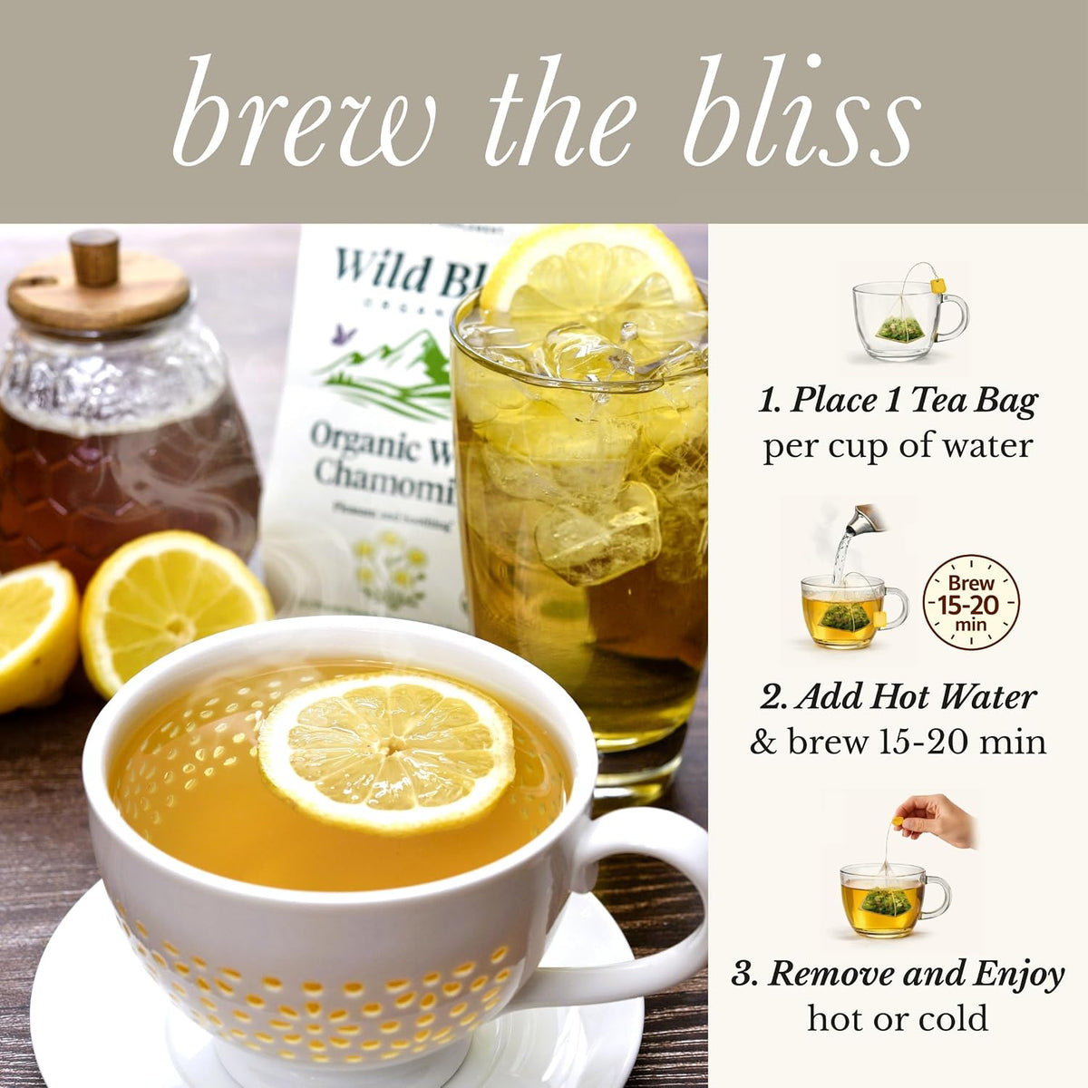 Wild Bliss Organic Chamomile Tea - Caffeine Free Calming Herbal Support - Pharmacopoeia Potency - 20 Plant Based Tea Bags