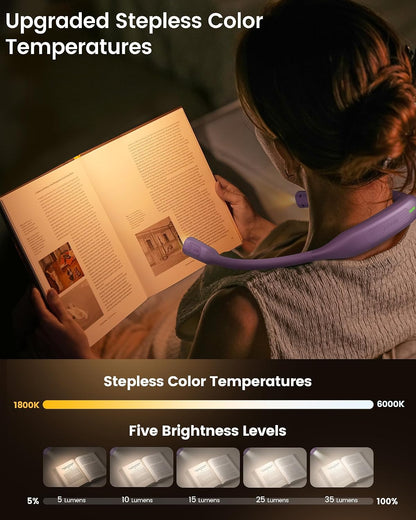Glocusent Neck Book Light, 1200mAh Rechargeable Neck Reading Light, Hands Free Book Lights for Reading at Night, 5 Colors & 5 Brightness, Private Lightweight Book Reading Light in Bed for Book Lovers
