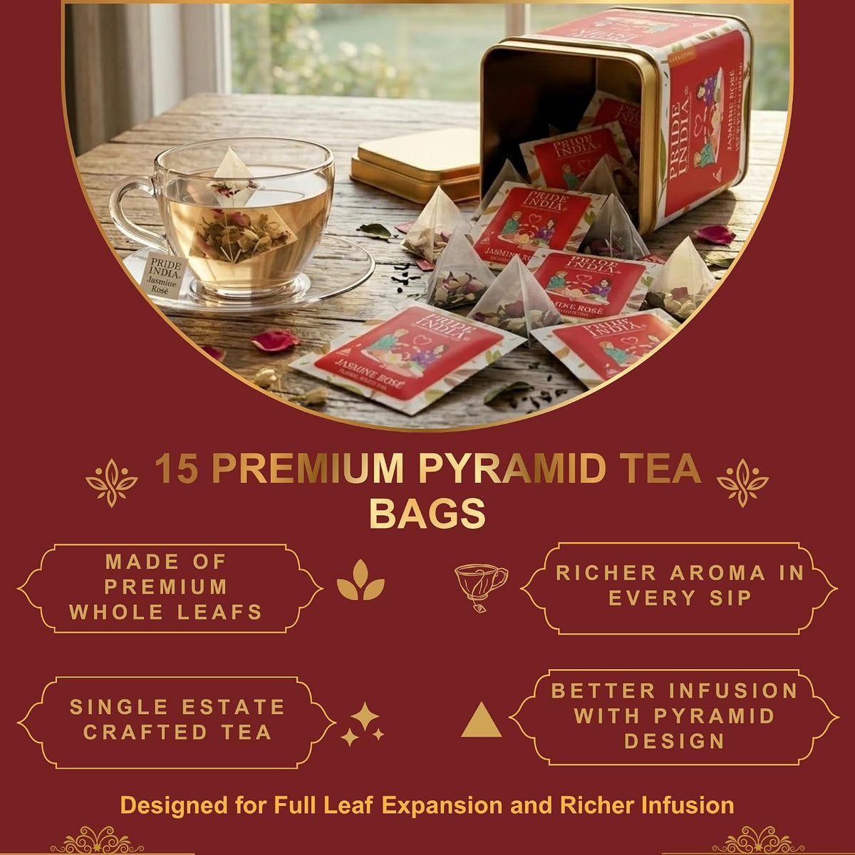 Pride of India Jasmine Rose Floral White Tea – 15 Pyramid Tea Bags | Individually Wrapped Full Leaf White Tea with Rose & Jasmine | Sweet Flavor Low Caffeine Tea for Smooth Calming Experience