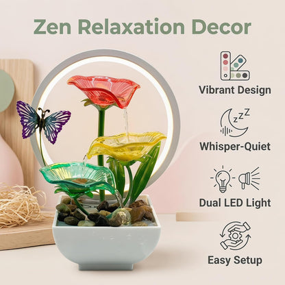 Tabletop Fountain,Indoor Water Fountain,Home Fengshui Décor Zen Relaxation Soothing Sound Machine for Office,Living Room,or Bedroom,Green Lotus,Hummingbird & Pink Flower,9.1inch
