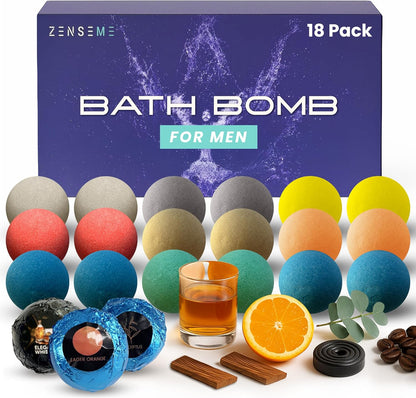 Bath Bombs for Men - Gift Set of 18 Square Shaped Handmade Natural Bath Bombs of 2.5 oz w/Essential Oils, Unique Manly Scents, for Boyfriend, Husband, Father - 18 Pack Square