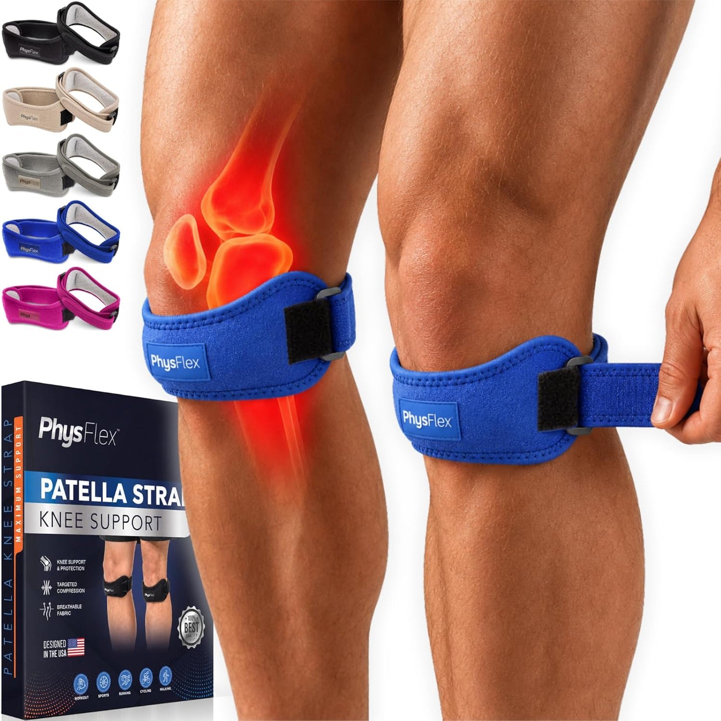 PhysFlex 2 Pack Patellar Tendon Support Strap - Knee Brace for Pain Relief, Patella Band for Basketball, Jumpers Knee, Tendonitis, Adjustable Patella Stabilizer Strap for Men & Women