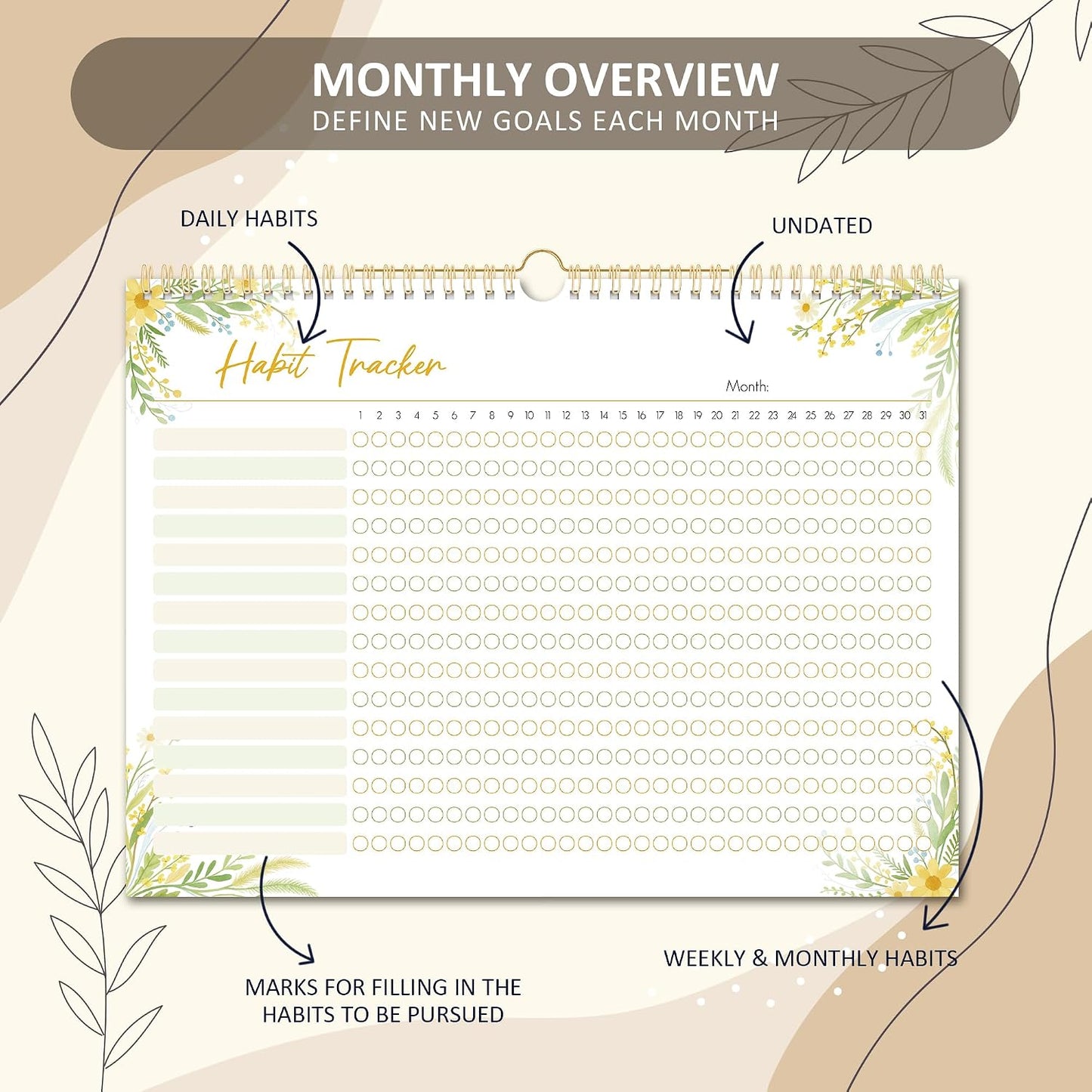 BIROYAL Habit Tracker Calendar 2026 (Undated 12 Months) - Daily Habit Tracker Jounal with Spiral Binding & Hanger - Goal Tracker - Motivational Monthly Habit Calendar - Productivity Tool and Workout Calendar - 8.6" x 11.2"