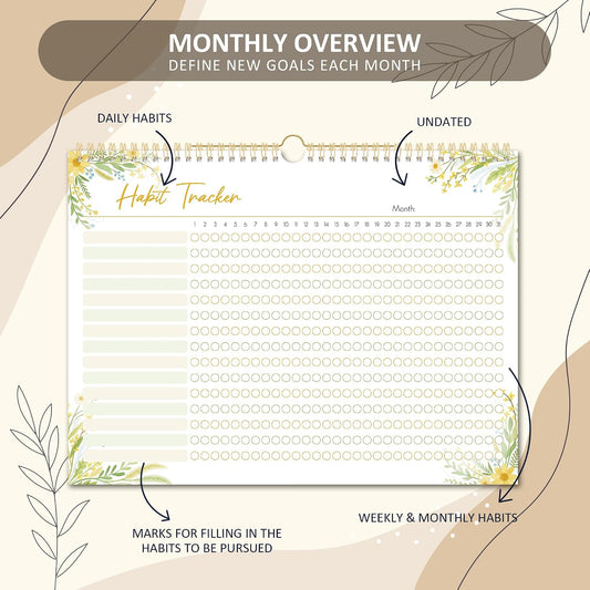 BIROYAL Habit Tracker Calendar 2026 (Undated 12 Months) - Daily Habit Tracker Jounal with Spiral Binding & Hanger - Goal Tracker - Motivational Monthly Habit Calendar - Productivity Tool and Workout Calendar - 8.6" x 11.2"