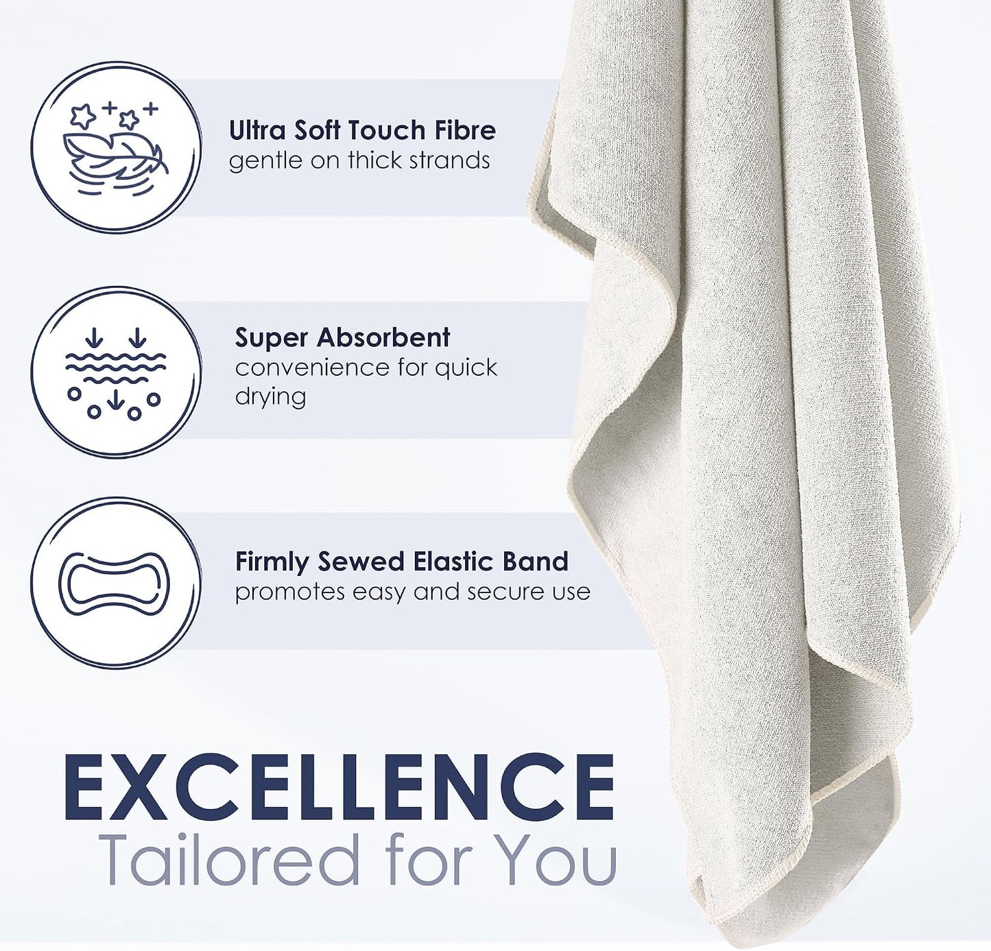 SimpleField Large Microfiber Hair Towel Wrap (27x40 Inches) for Women, Anti-Frizz Flat Rectangle Drying Towel with Full Hair Coverage Design, Elastic Band for Long, Curly and Thick Hair (Beige)