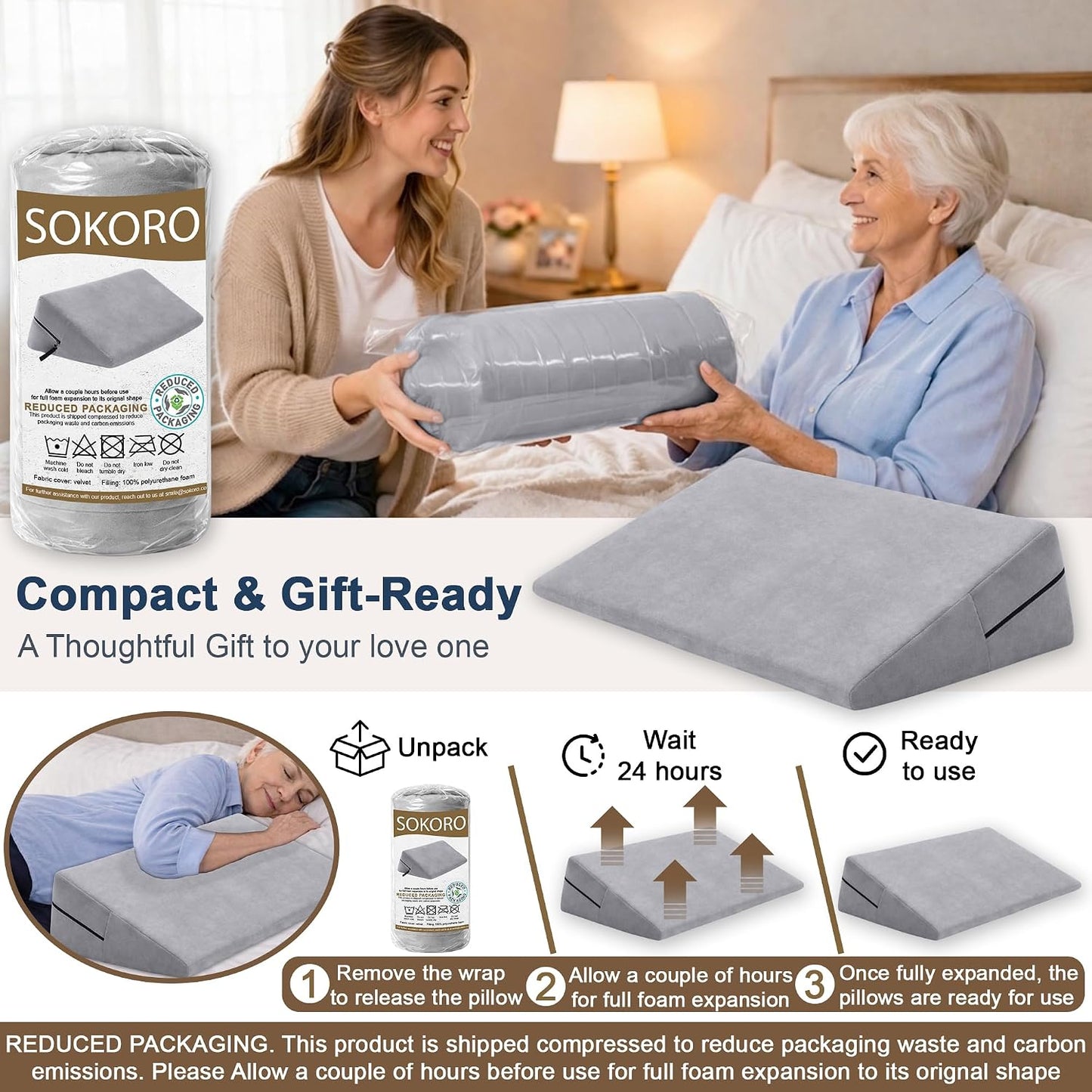 sokoro Bed Wedge Pillow for Sleeping, Small 7 Inch Compact Triangle Wedge Pillow for Acid Reflux, Sleep Apnea & Snoring Relief, Firm Incline for Back Support, Washable Cover (Grey, 24x14x7 in)