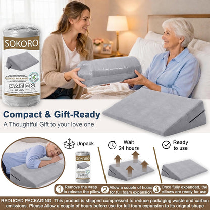 sokoro Bed Wedge Pillow for Sleeping, Small 7 Inch Compact Triangle Wedge Pillow for Acid Reflux, Sleep Apnea & Snoring Relief, Firm Incline for Back Support, Washable Cover (Grey, 24x14x7 in)