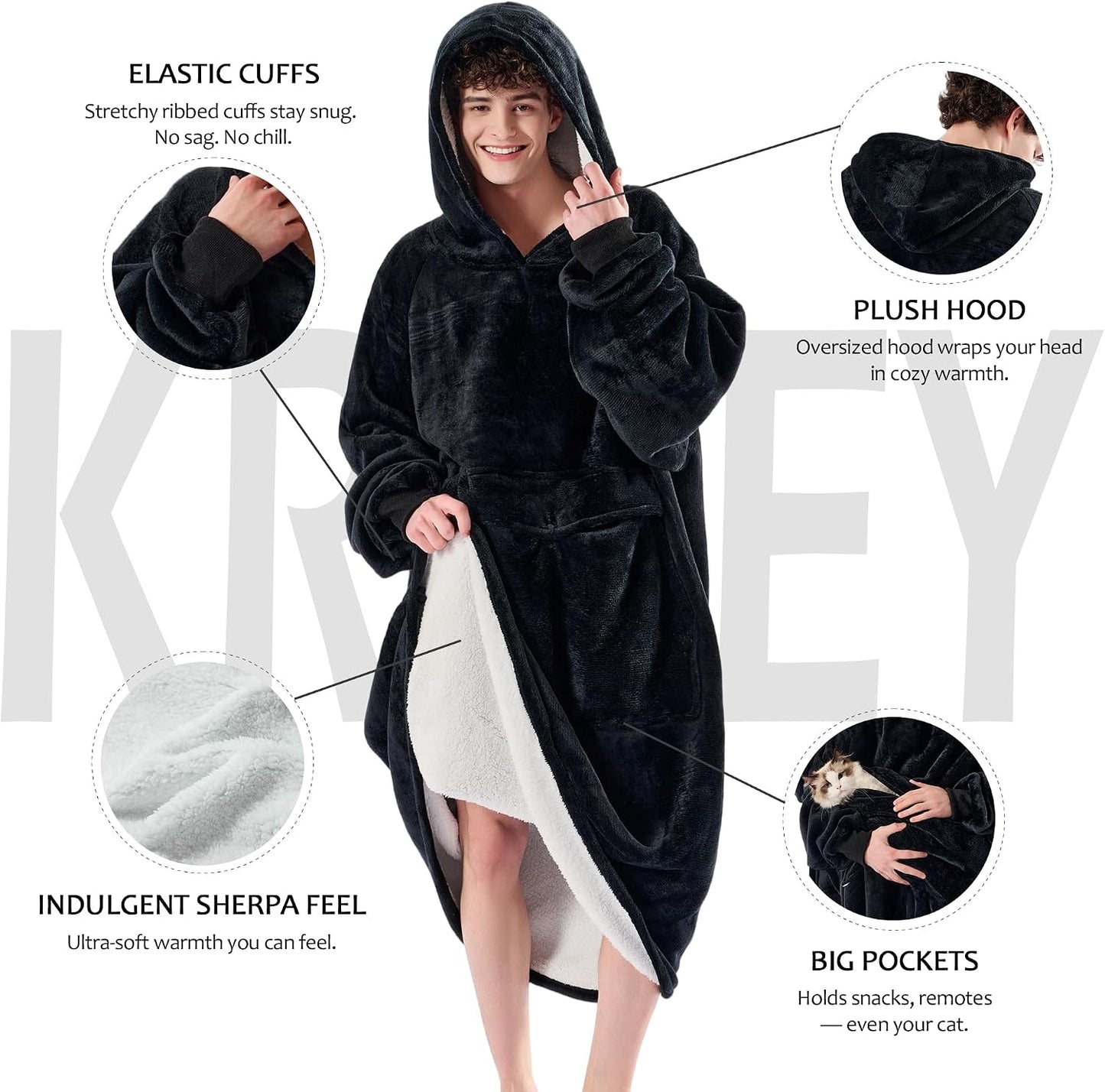 Krifey Wearable Blanket Hoodie, Oversized Sherpa Hooded Blanket for Adults | Soft sherpa fleece with sleeves and pocket; oversized fit for lounging, WFH, camping, Christmas and white elephant gifts.