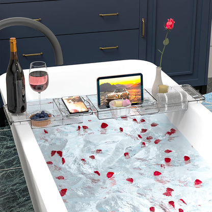 Yieach Luxury Clear Acrylic Bathtub Tray with Book Holder,Expandable Bath Tray for Tub and Bath Shelf Over Tub,Plastic Bath Table & Board,Bath Caddy Trays & Accessories for Women Relaxing Spa Gifts