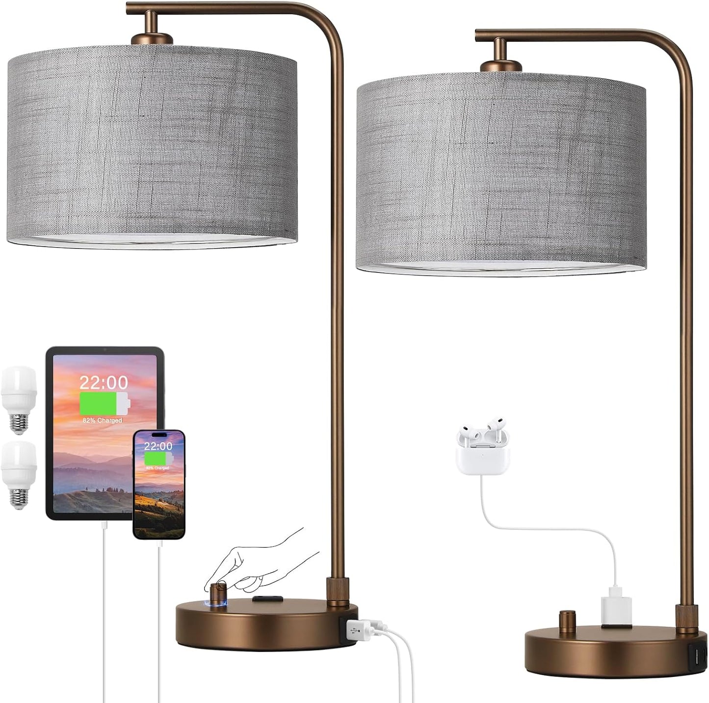 Innqoo Bedside Table Lamps for Bedroom Set of 2-Dimmable Nightstand Lamps with USB Port and Outlet,Modern Gold Lamps with Linen Shade,Tall Desk Lamps for Home Office Bedroom Living Room End Table