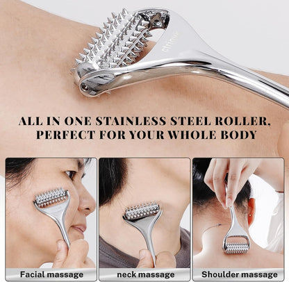 Acupuncture Massage Roller, Stainless Steel, Portable Manual Roller for Whole Body Pain Relief, Puffiness Reduce and Muscle Relaxation Massage