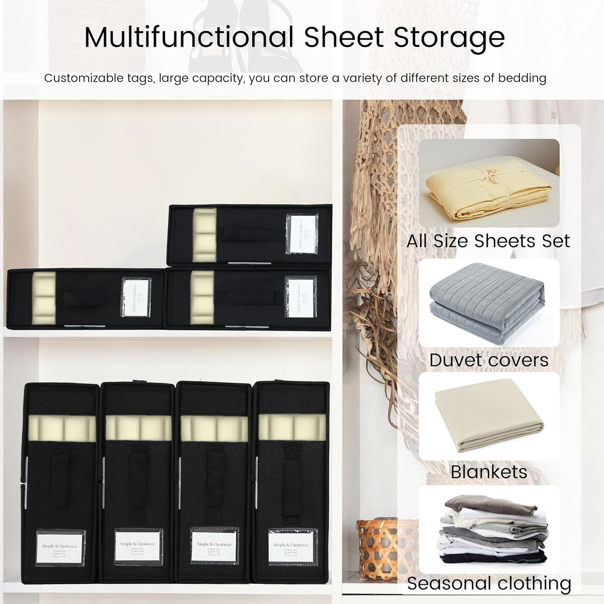 Simple&Opulence 4 Pack Bed Sheet Organizers and Storage, Linen Closet Organizers, Sheets Set Folder Storages with Window and Label (Queen/King Size) Organizing Bedding Container, Linen