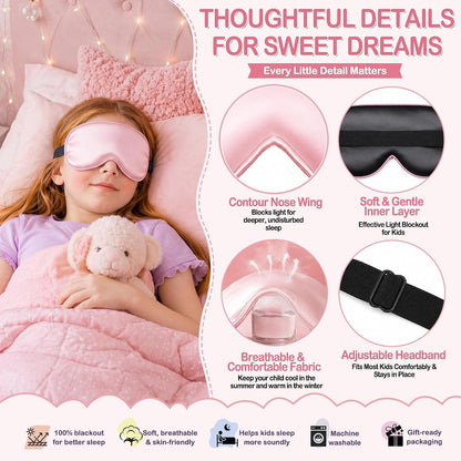 Kids Sleep Mask, Soft Eye Mask for Boys Girls with Adjustable Strap, Silk Light Blocking Sleeping Mask for Naps, Travel and Night Sleep, Includes Laundry Bag (Black)